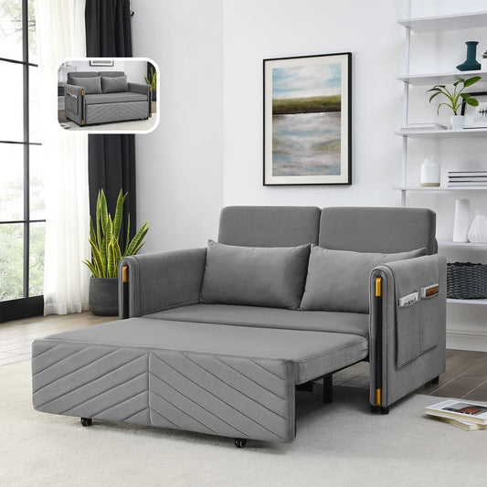 Muumblus 54" Pull Out Sleeper Sofa, Modern Velvet Convertible Loveseat Sleeper with Pull Out Bed for Living Room, Grey