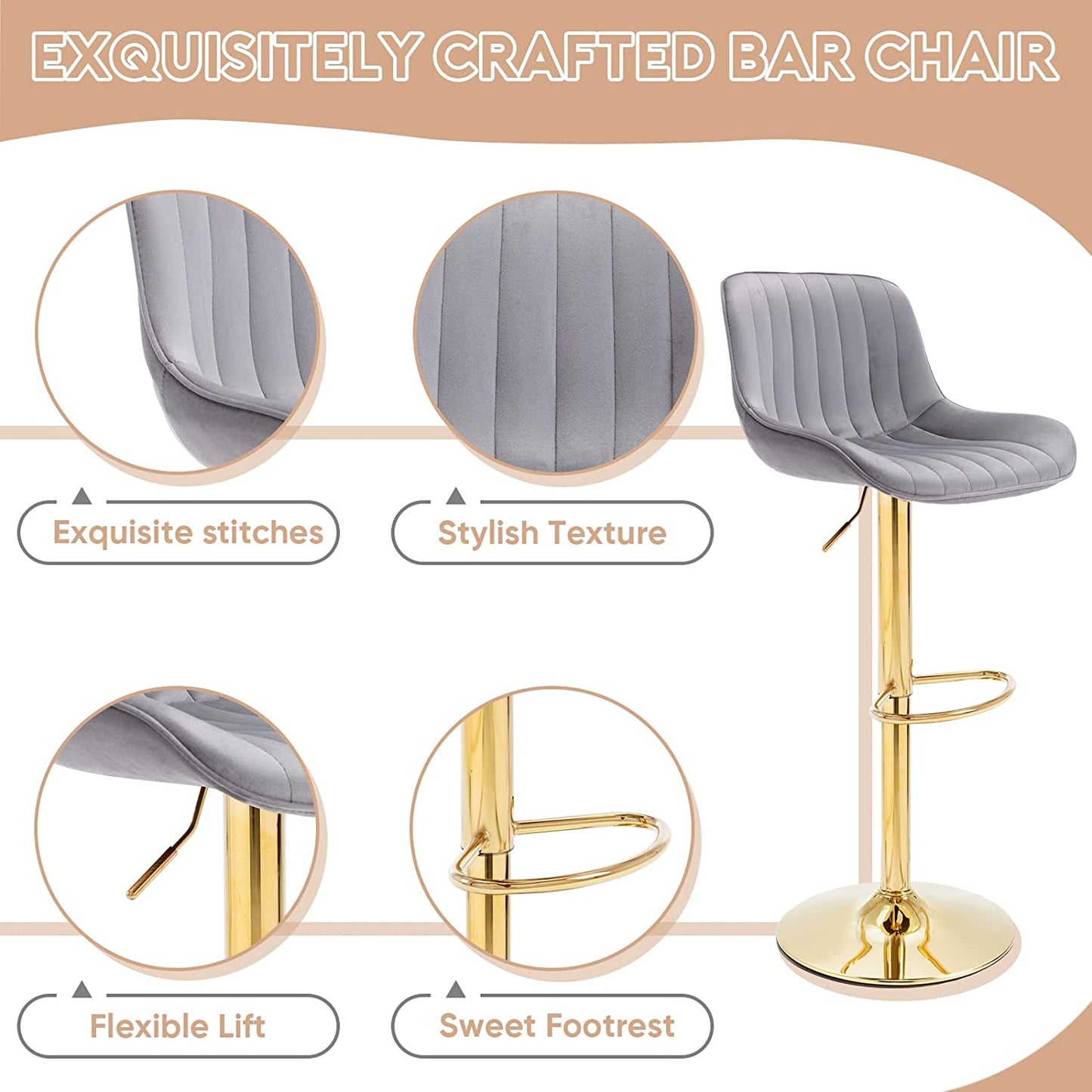 Bar Stools Set of 2, Muumblus Morden Velvet Counter Bar Height Stools with Shell Back, Adjustable 360 Degree Swivel Bar Chairs for Home, Kitchen Island