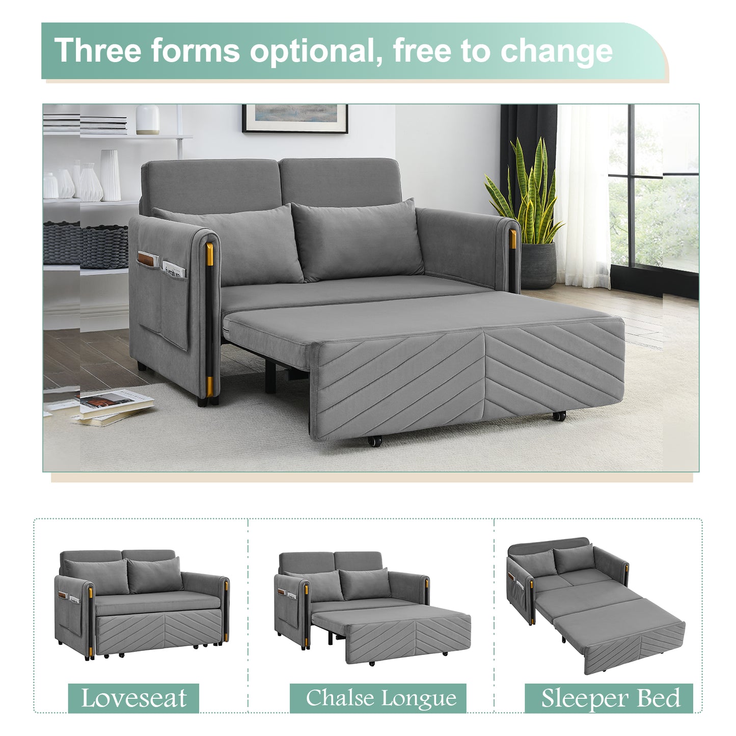 Muumblus 54" Pull Out Sleeper Sofa, Modern Velvet Convertible Loveseat Sleeper with Pull Out Bed for Living Room, Grey