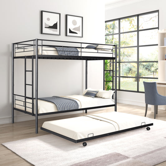 Muumblus Twin Over Twin Bunk Bed with Trundle, Metal Bed Frame with Safety Guard Rail and Ladders, Space Saving Design Bedroom Bunk Bed for Kids and Adults, M925