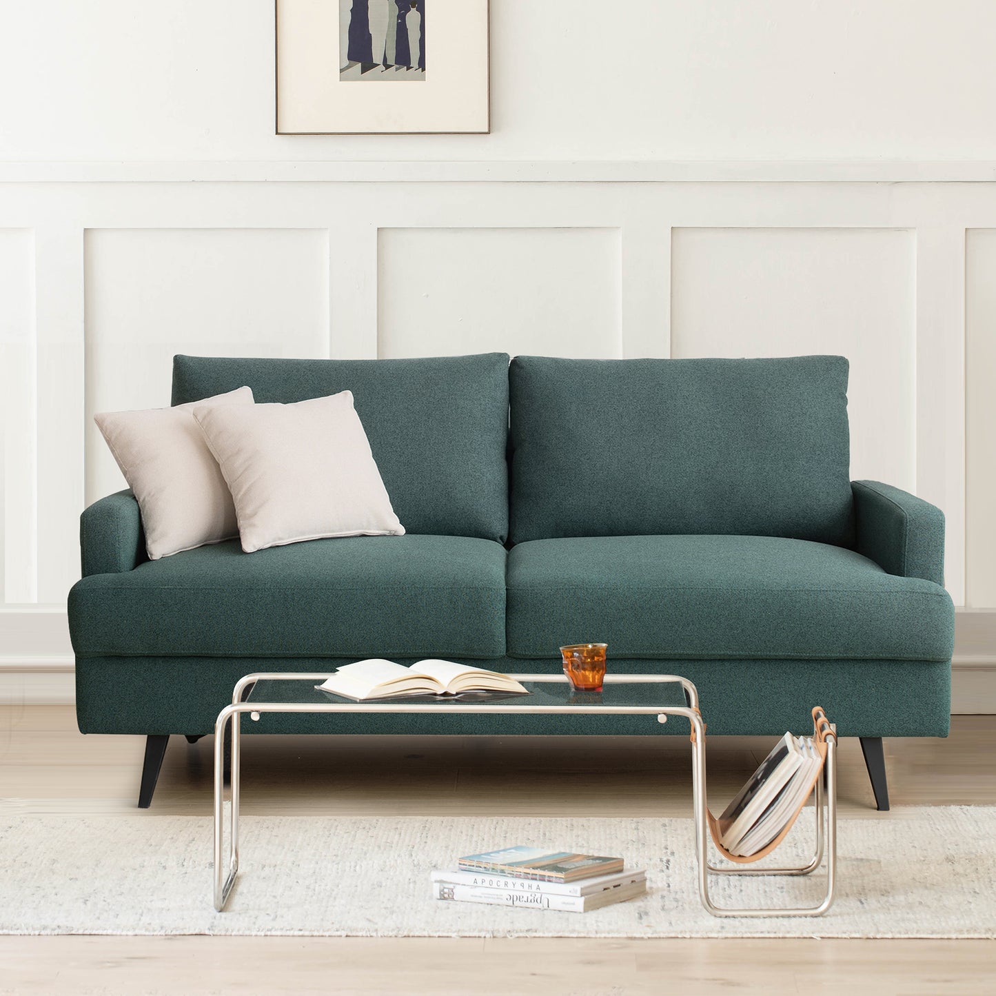 Muumblus 64" W Modern Upholstered Fabric Loveseat with Metal Legs and 2 Pillow, High Resilience Sponge Sofa Couch for Living Room, Green