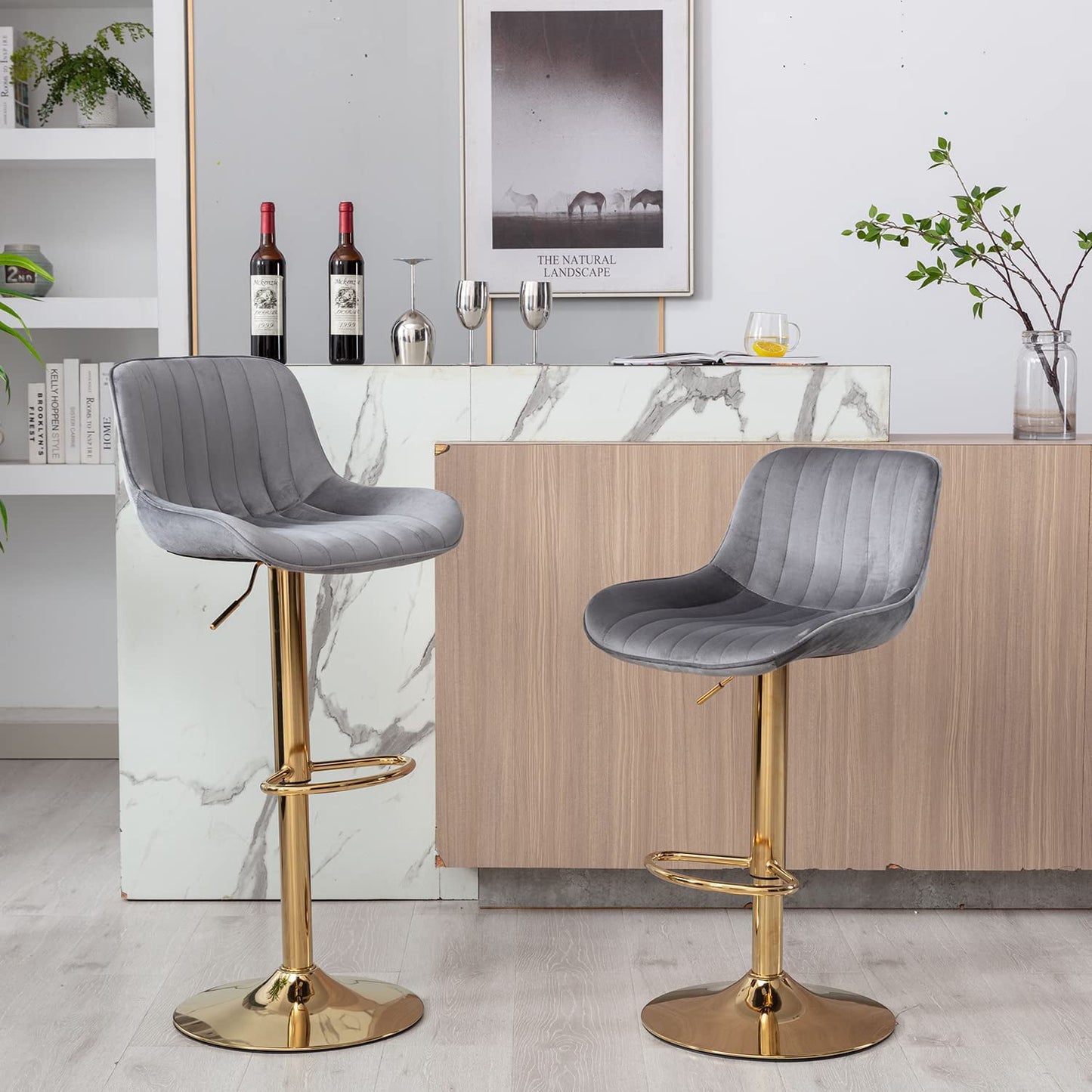 Bar Stools Set of 2, Muumblus Morden Velvet Counter Bar Height Stools with Shell Back, Adjustable 360 Degree Swivel Bar Chairs for Home, Kitchen Island