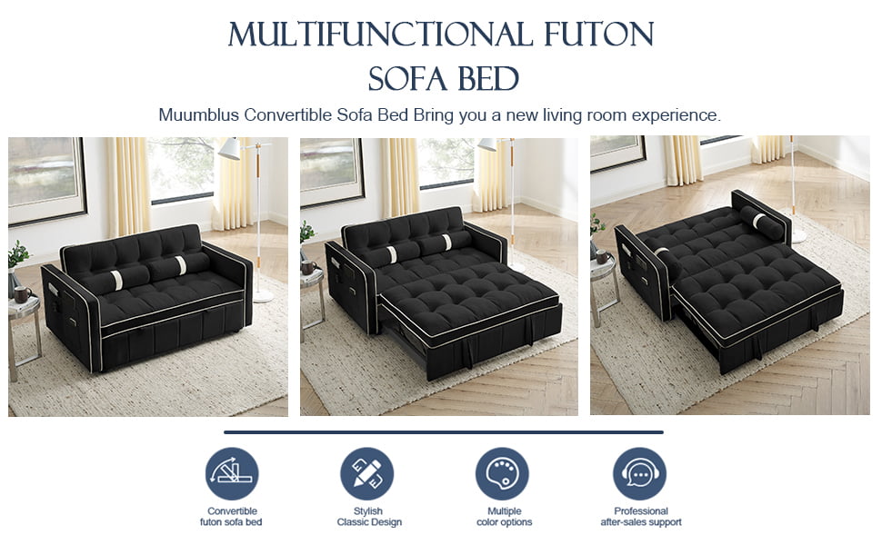 Muumblus 55.5" Pull Out Sleep Sofa Bed 2 Seater Loveseats Convertible Futon Sofa Bed with Adjsutable Backrest, Modern Velvet Sofa Couch for Living Room, Black
