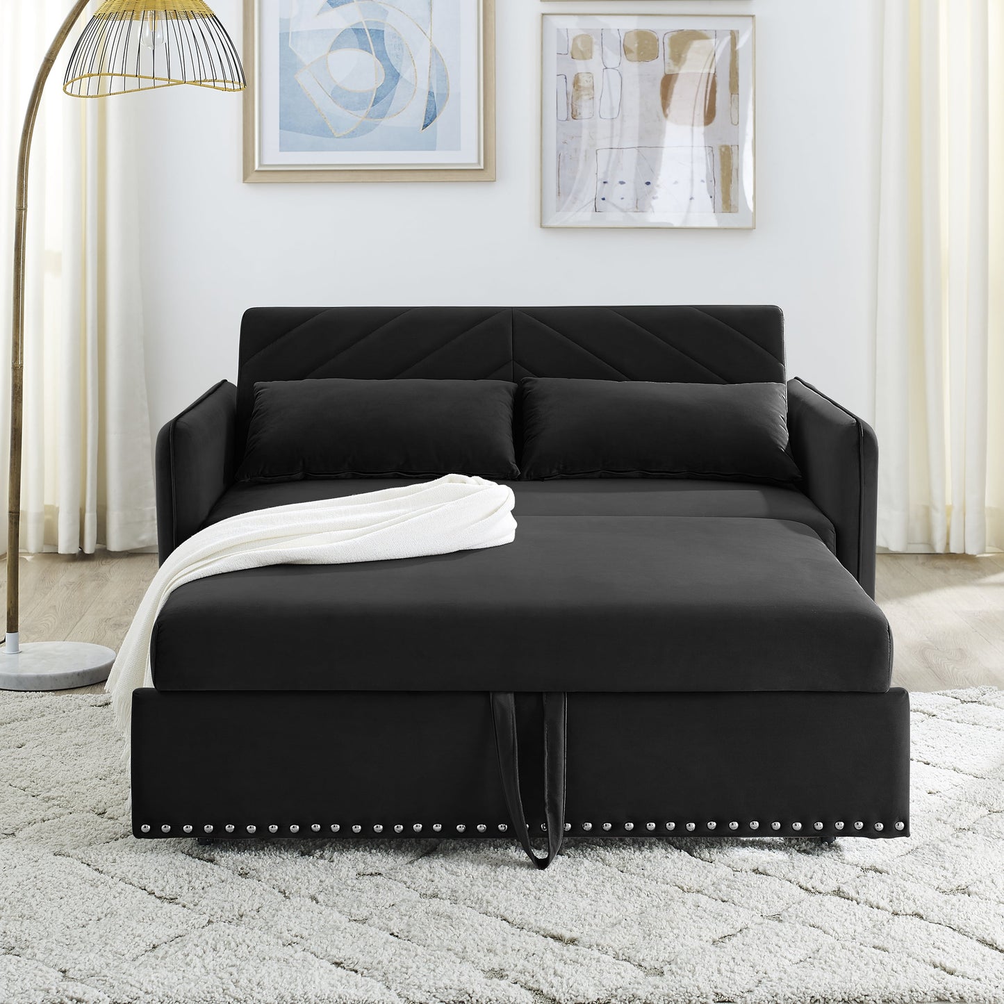 Muumblus 55" Pull Out Sofa Bed, Convertible Sleeper Loveseat with USB Ports, Modern Velvet Small Love Seat Futon Sofa for Living Room, Adjsutable Backrest